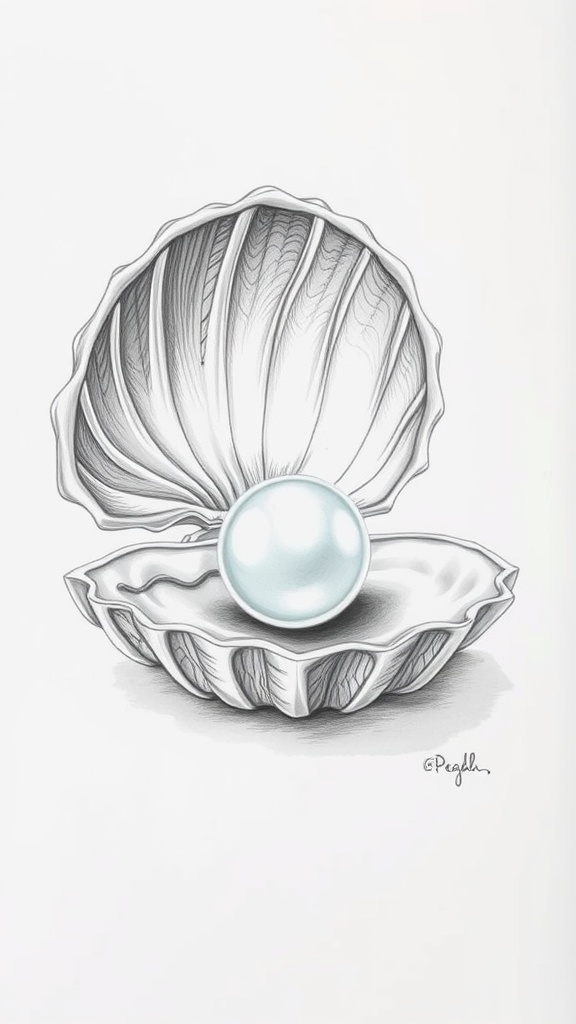 Detailed drawing of a clam with a pearl, highlighting textures and shading.